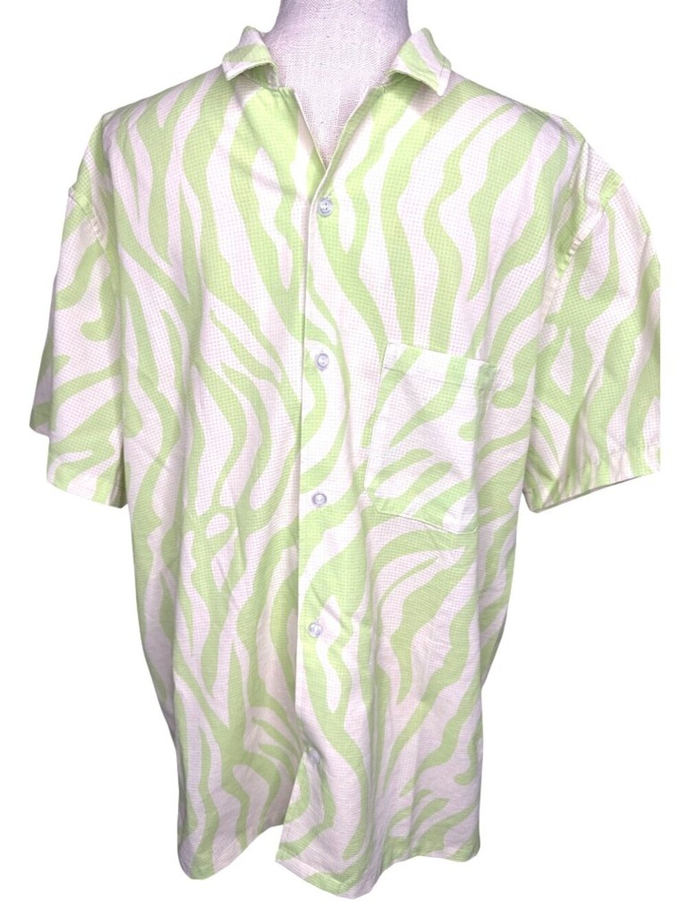 Duvin Mens Lime Green Zebra Print Short Sleeve Button-Up Shirt XL